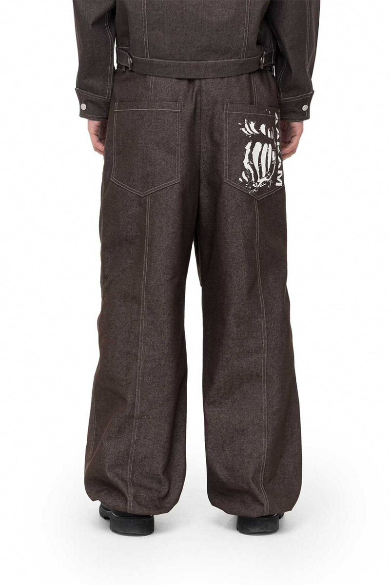 Knee Pin-tuck Printed Denim Pants (Brown)