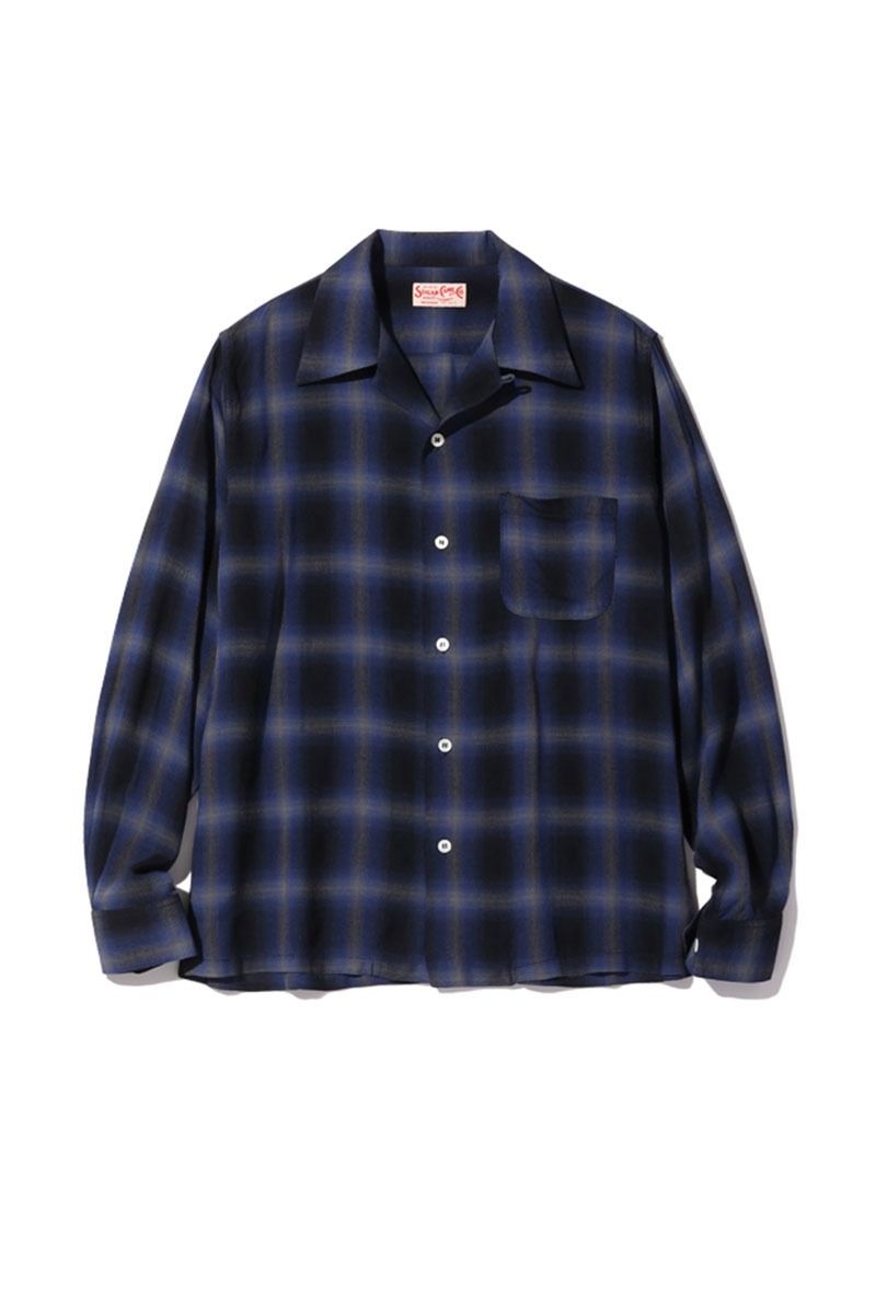 RAYON OMBRE CHECK LS OPEN SHIRT - NAVY